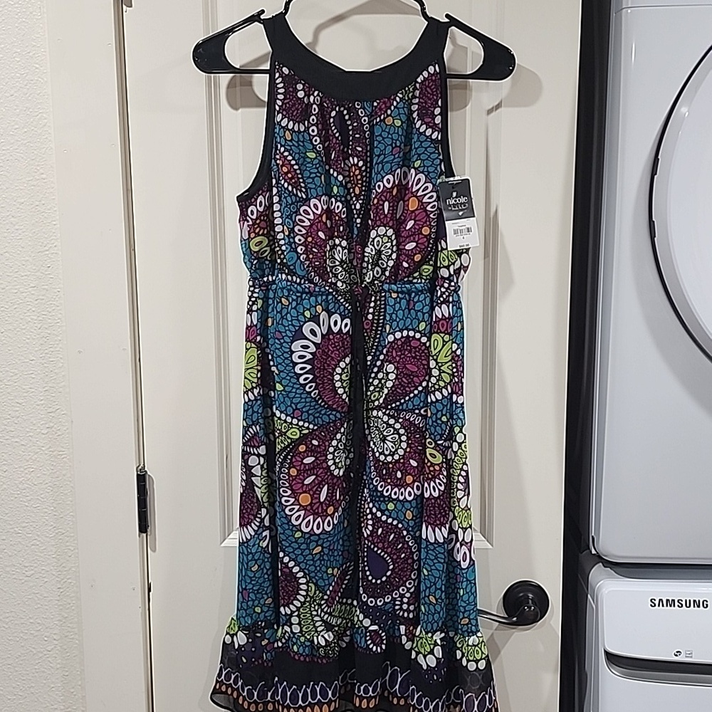 Nicole Miller Multi Color Print Draw String Sleeveless Chiffon Dress Size 4 NWT